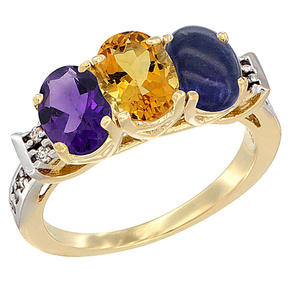 14K Yellow Gold Natural Amethyst, Citrine &amp; Lapis Ring 3-Stone 7x5 mm Oval Diamond Accent, sizes 5 - 10