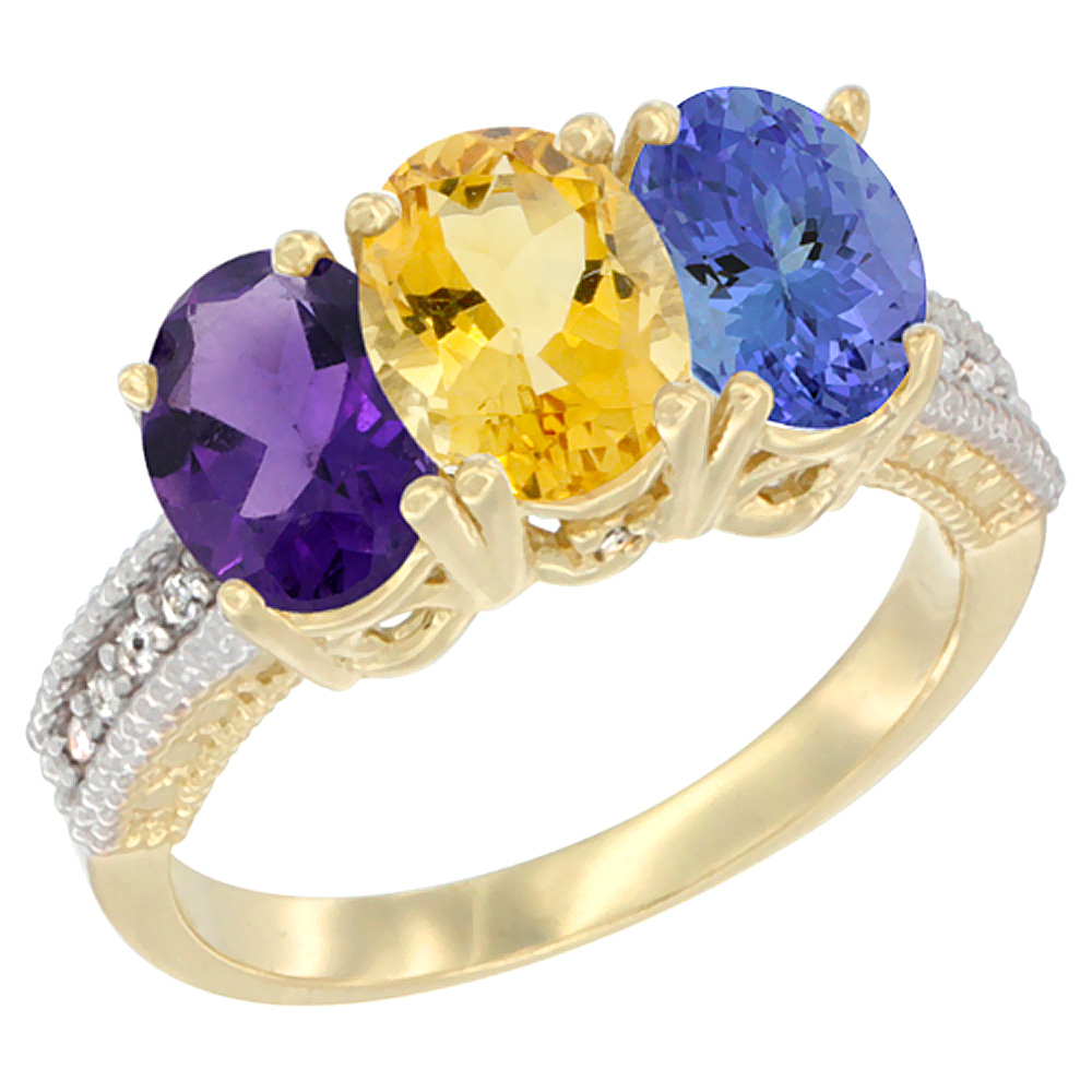 14K Yellow Gold Natural Amethyst, Citrine & Tanzanite Ring 3-Stone 7x5 mm Oval Diamond Accent, sizes 5 - 10