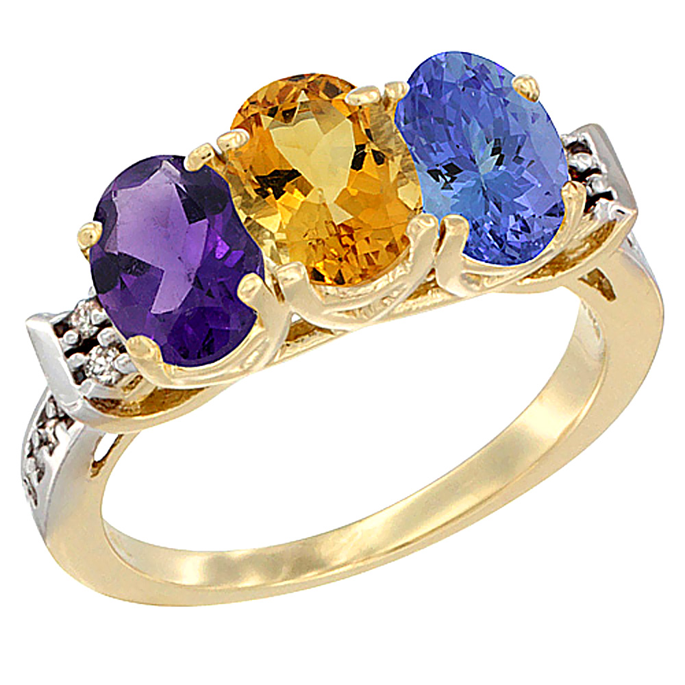 14K Yellow Gold Natural Amethyst, Citrine & Tanzanite Ring 3-Stone 7x5 mm Oval Diamond Accent, sizes 5 - 10