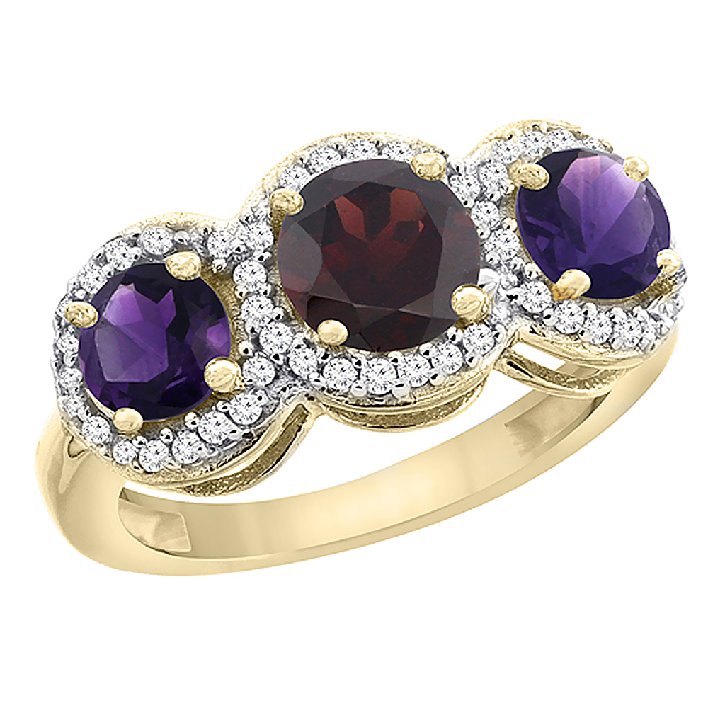 14K Yellow Gold Natural Garnet &amp; Amethyst Sides Round 3-stone Ring Diamond Accents, sizes 5 - 10