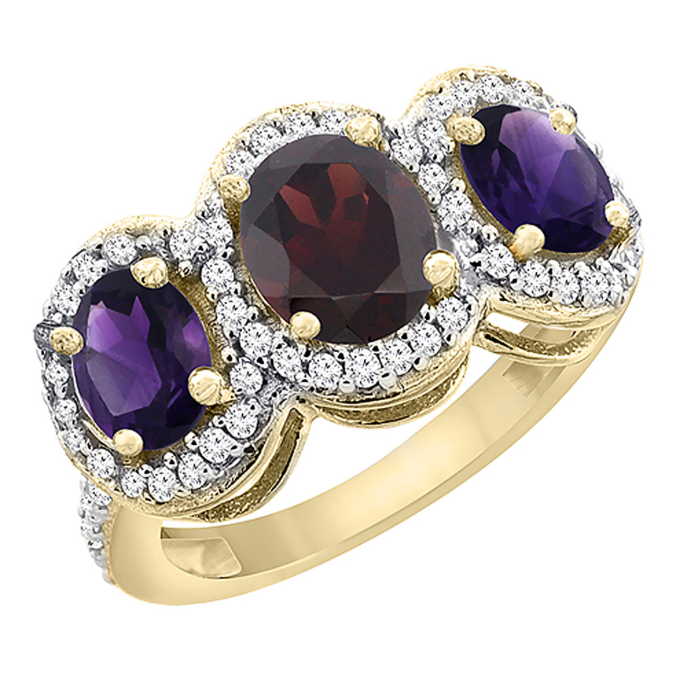 14K Yellow Gold Natural Garnet &amp; Amethyst 3-Stone Ring Oval Diamond Accent, sizes 5 - 10