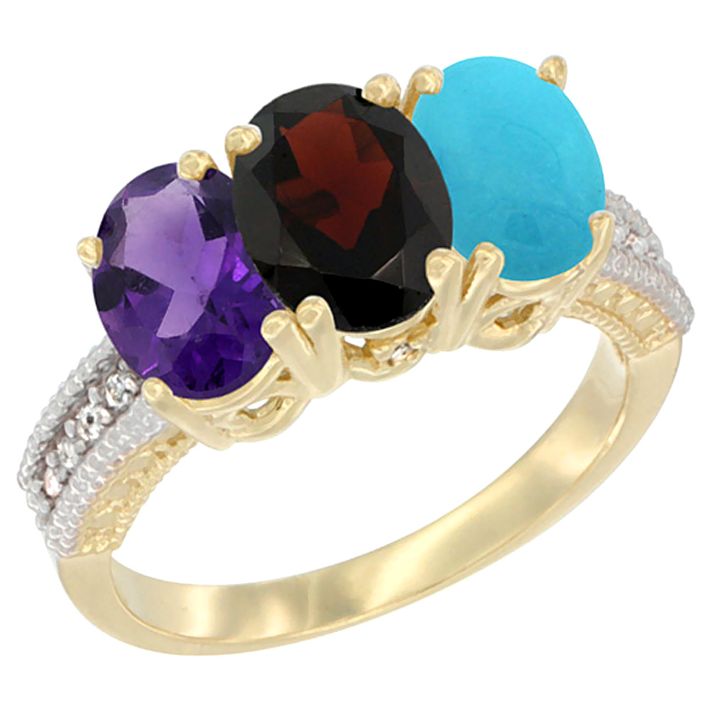 14K Yellow Gold Natural Amethyst, Garnet & Turquoise Ring 3-Stone 7x5 mm Oval Diamond Accent, sizes 5 - 10