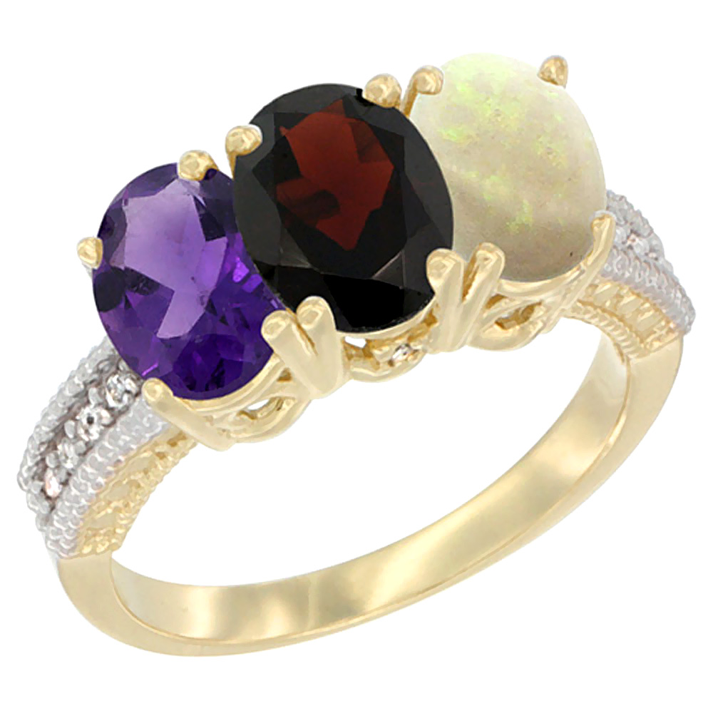 14K Yellow Gold Natural Amethyst, Garnet &amp; Opal Ring 3-Stone 7x5 mm Oval Diamond Accent, sizes 5 - 10