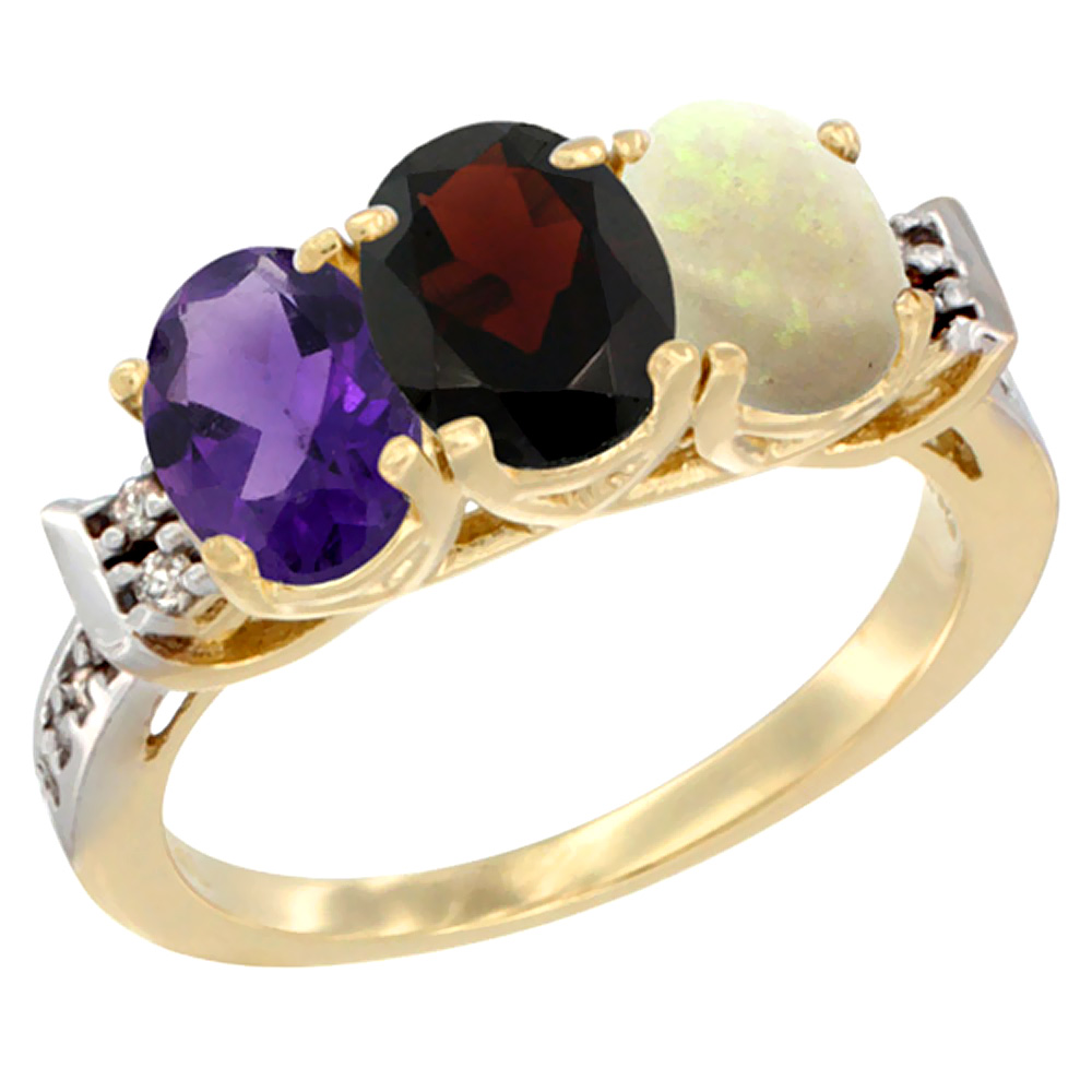10K Yellow Gold Natural Amethyst, Garnet & Opal Ring 3-Stone Oval 7x5 mm Diamond Accent, sizes 5 - 10