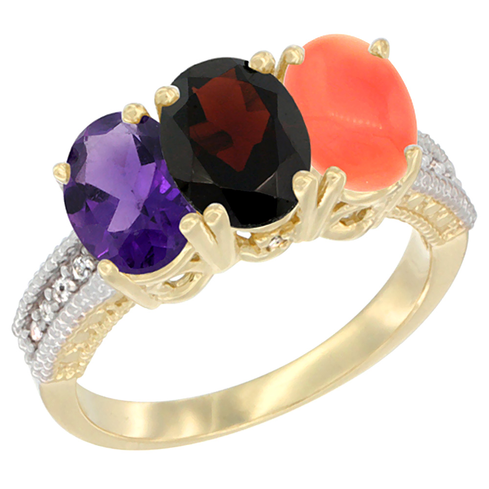 14K Yellow Gold Natural Amethyst, Garnet &amp; Coral Ring 3-Stone 7x5 mm Oval Diamond Accent, sizes 5 - 10
