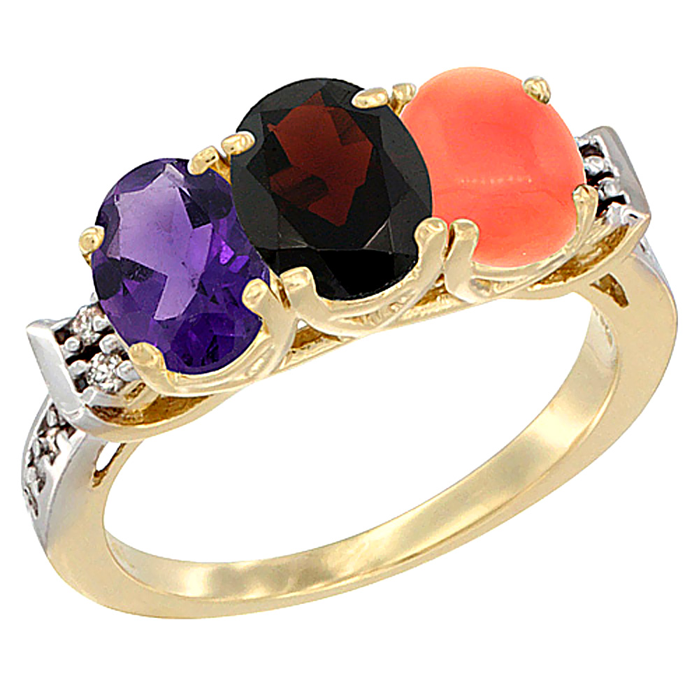 10K Yellow Gold Natural Amethyst, Garnet &amp; Coral Ring 3-Stone Oval 7x5 mm Diamond Accent, sizes 5 - 10