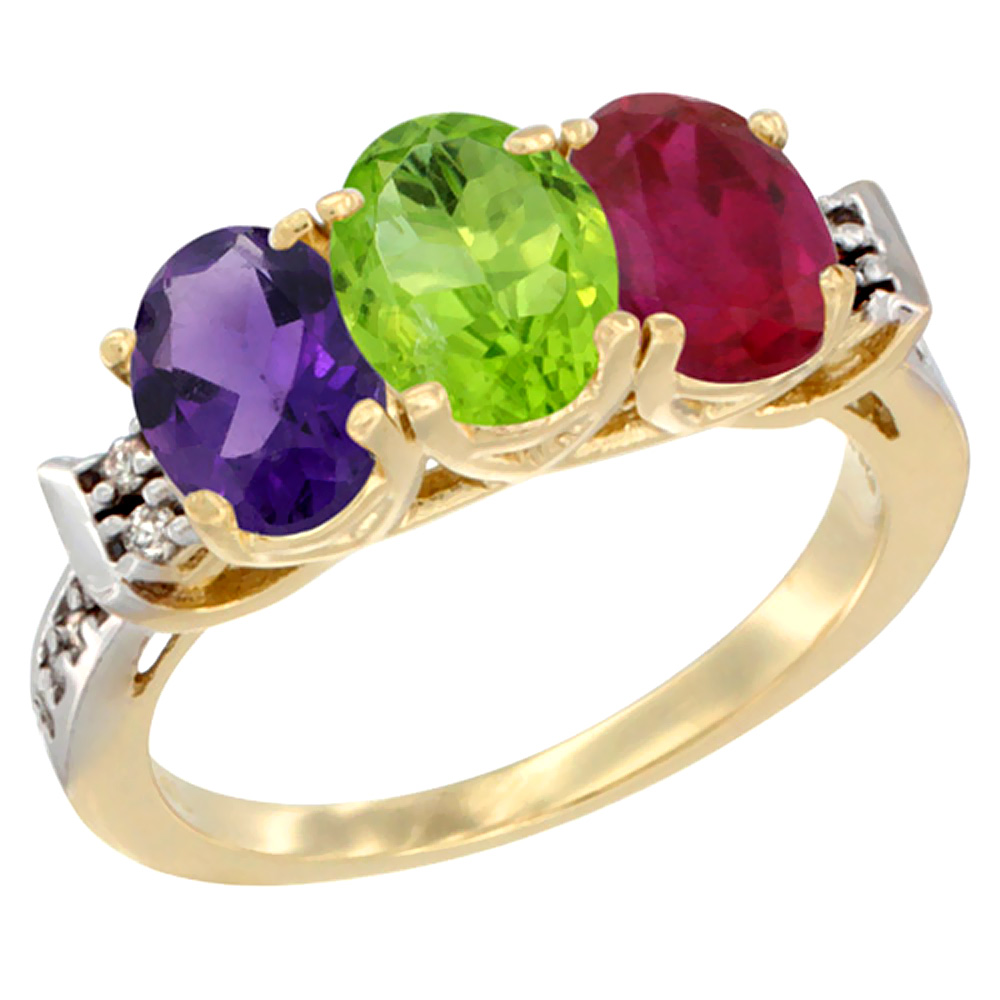 14K Yellow Gold Natural Amethyst, Peridot & Enhanced Ruby Ring 3-Stone 7x5 mm Oval Diamond Accent, sizes 5 - 10