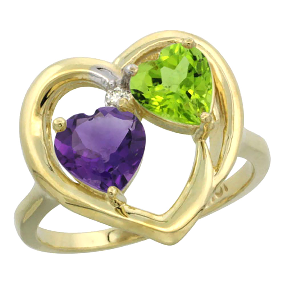 14K Yellow Gold Diamond Two-stone Heart Ring 6mm Natural Amethyst & Peridot, sizes 5-10