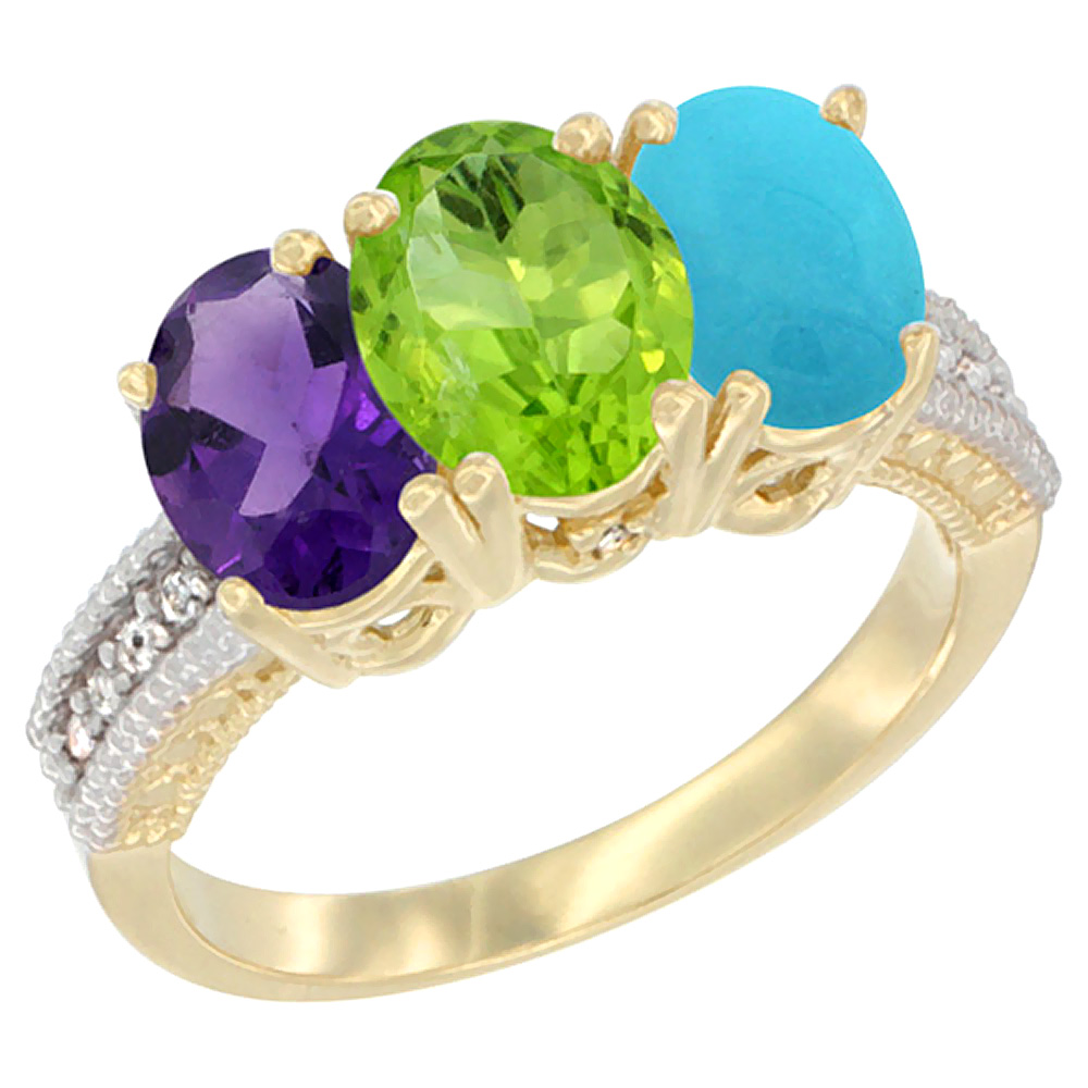 14K Yellow Gold Natural Amethyst, Peridot & Turquoise Ring 3-Stone 7x5 mm Oval Diamond Accent, sizes 5 - 10