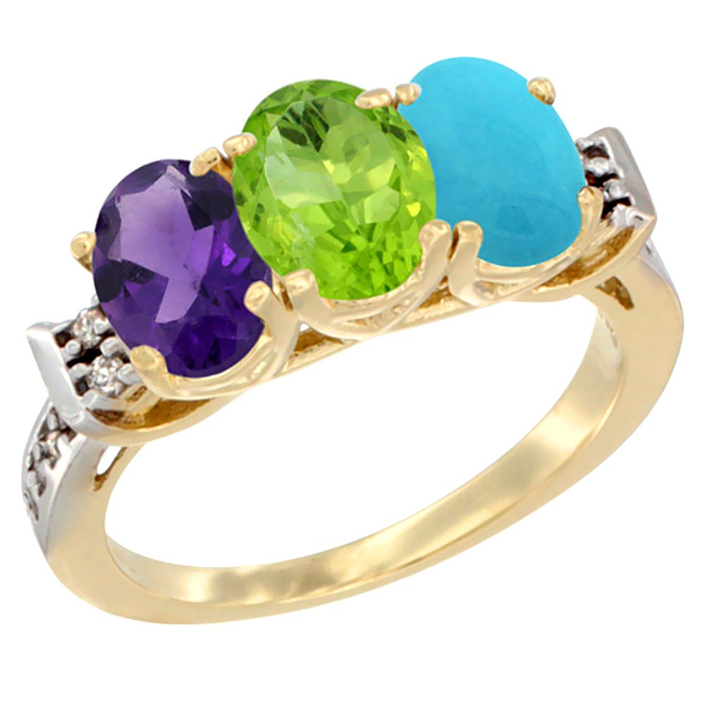 14K Yellow Gold Natural Amethyst, Peridot & Turquoise Ring 3-Stone 7x5 mm Oval Diamond Accent, sizes 5 - 10