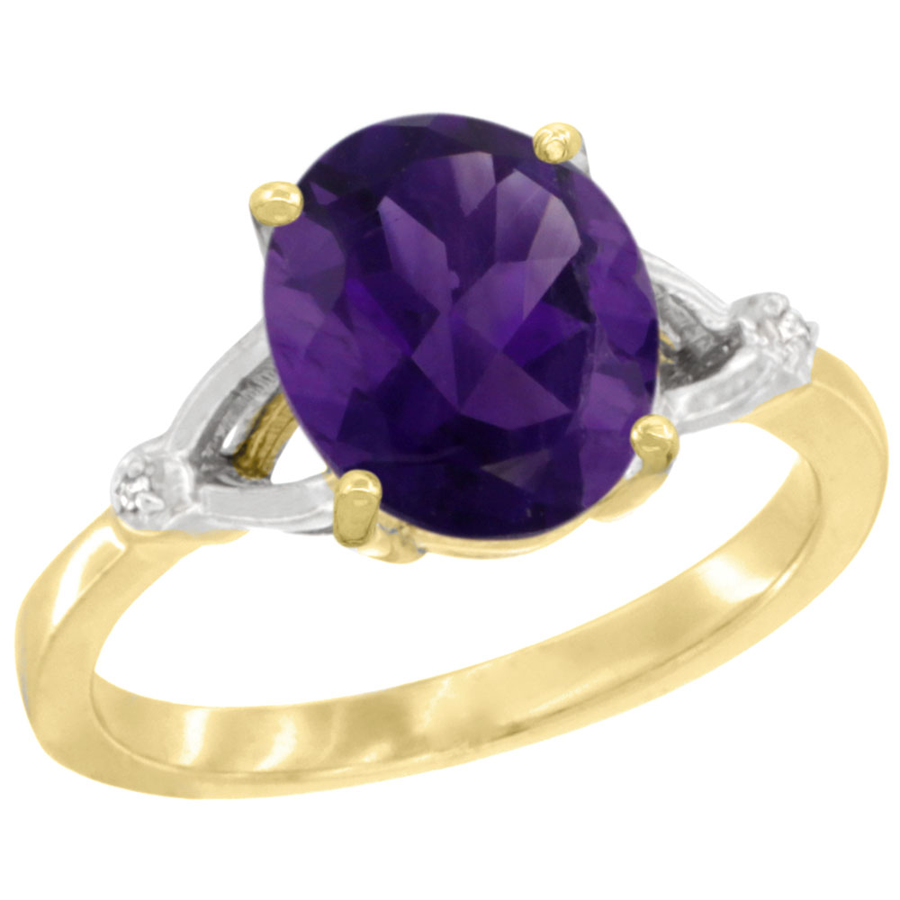 10K Yellow Gold Diamond Genuine Amethyst Engagement Ring Oval 10x8mm sizes 5-10