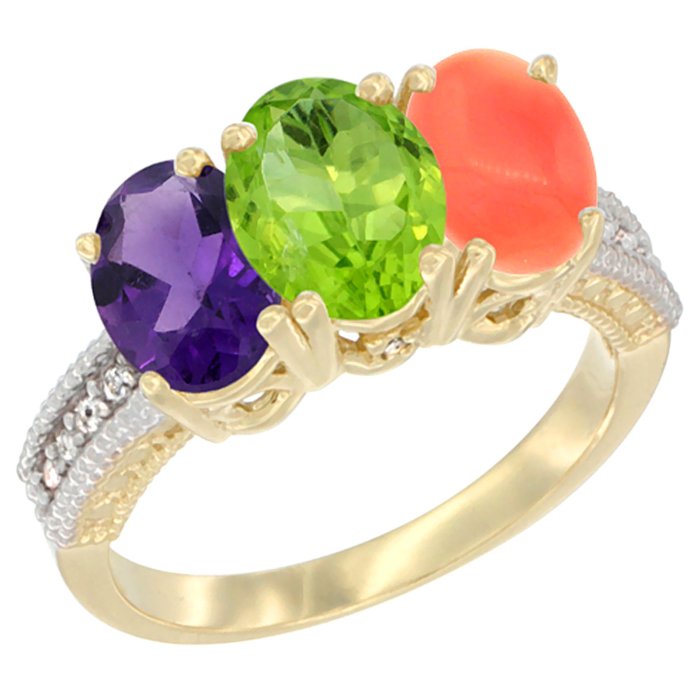 14K Yellow Gold Natural Amethyst, Peridot & Coral Ring 3-Stone 7x5 mm Oval Diamond Accent, sizes 5 - 10