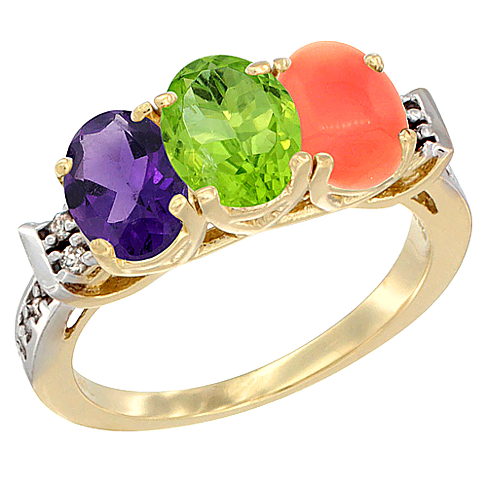 14K Yellow Gold Natural Amethyst, Peridot & Coral Ring 3-Stone 7x5 mm Oval Diamond Accent, sizes 5 - 10