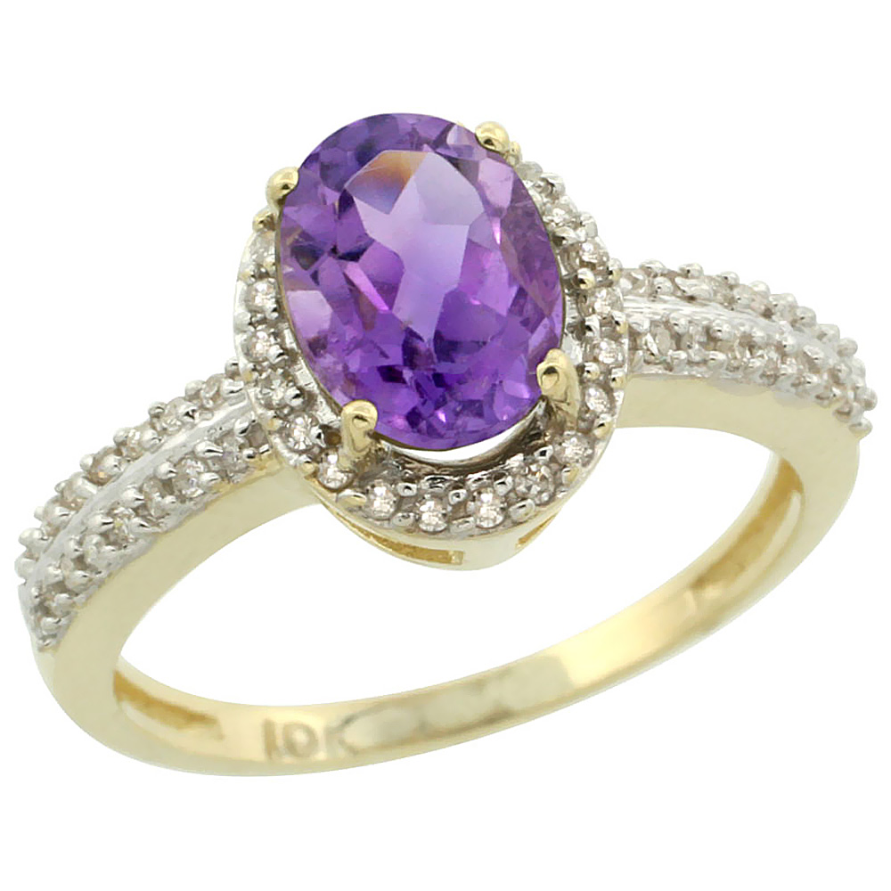 14K Yellow Gold Natural Amethyst Ring Oval 8x6mm Diamond Halo, sizes 5-10