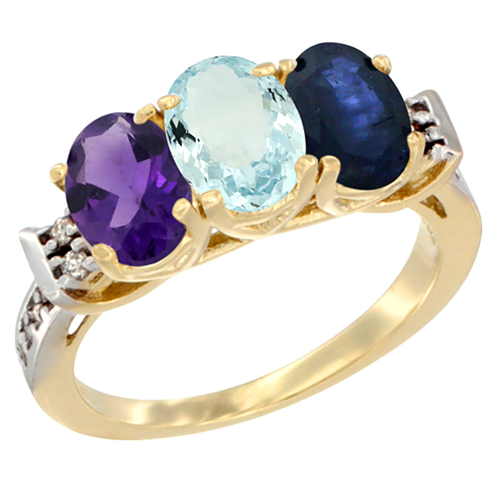 14K Yellow Gold Natural Amethyst, Aquamarine & Blue Sapphire Ring 3-Stone 7x5 mm Oval Diamond Accent, sizes 5 - 10