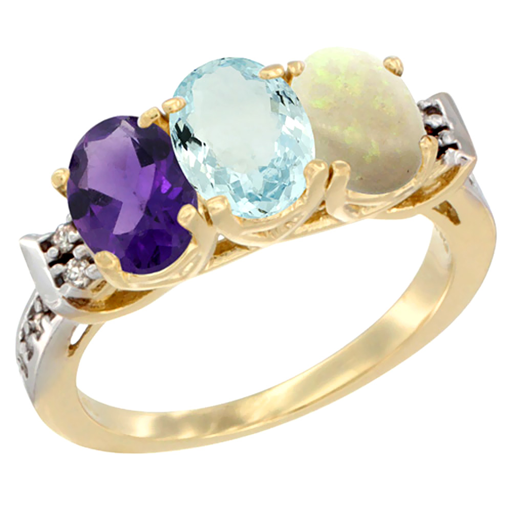 10K Yellow Gold Natural Amethyst, Aquamarine &amp; Opal Ring 3-Stone Oval 7x5 mm Diamond Accent, sizes 5 - 10