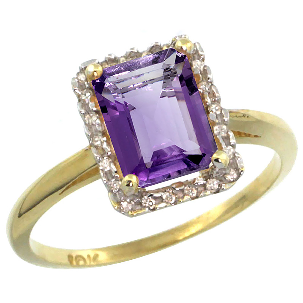 14K Yellow Gold Diamond Natural Amethyst Ring Emerald-cut 8x6mm, sizes 5-10