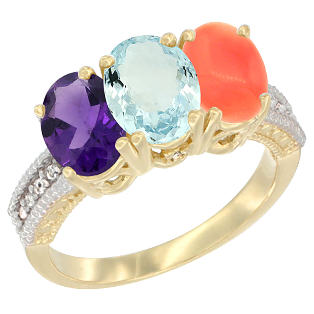 14K Yellow Gold Natural Amethyst, Aquamarine & Coral Ring 3-Stone 7x5 mm Oval Diamond Accent, sizes 5 - 10