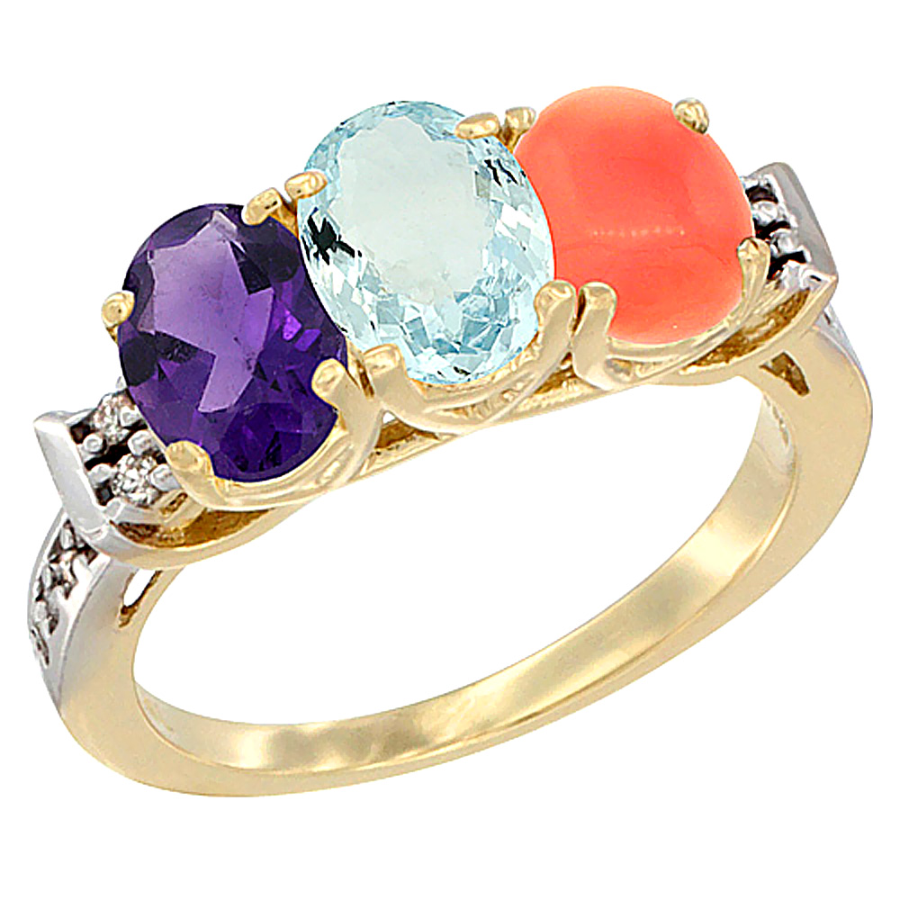 10K Yellow Gold Natural Amethyst, Aquamarine &amp; Coral Ring 3-Stone Oval 7x5 mm Diamond Accent, sizes 5 - 10
