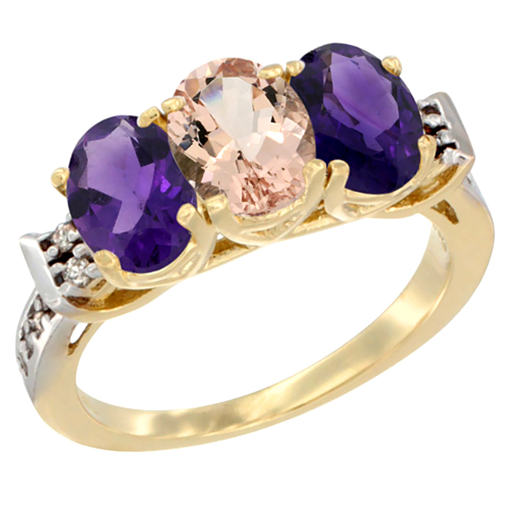 10K Yellow Gold Natural Morganite &amp; Amethyst Sides Ring 3-Stone Oval 7x5 mm Diamond Accent, sizes 5 - 10