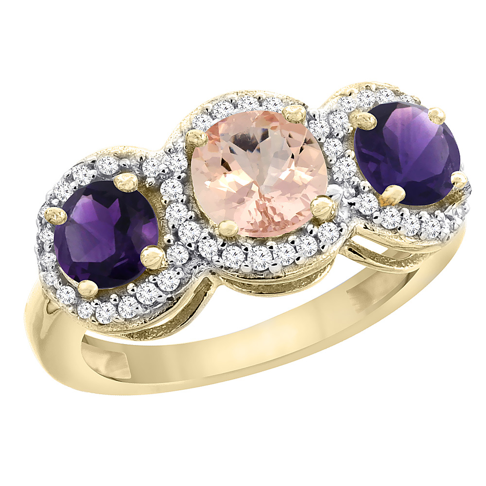 10K Yellow Gold Natural Morganite & Amethyst Sides Round 3-stone Ring Diamond Accents, sizes 5 - 10
