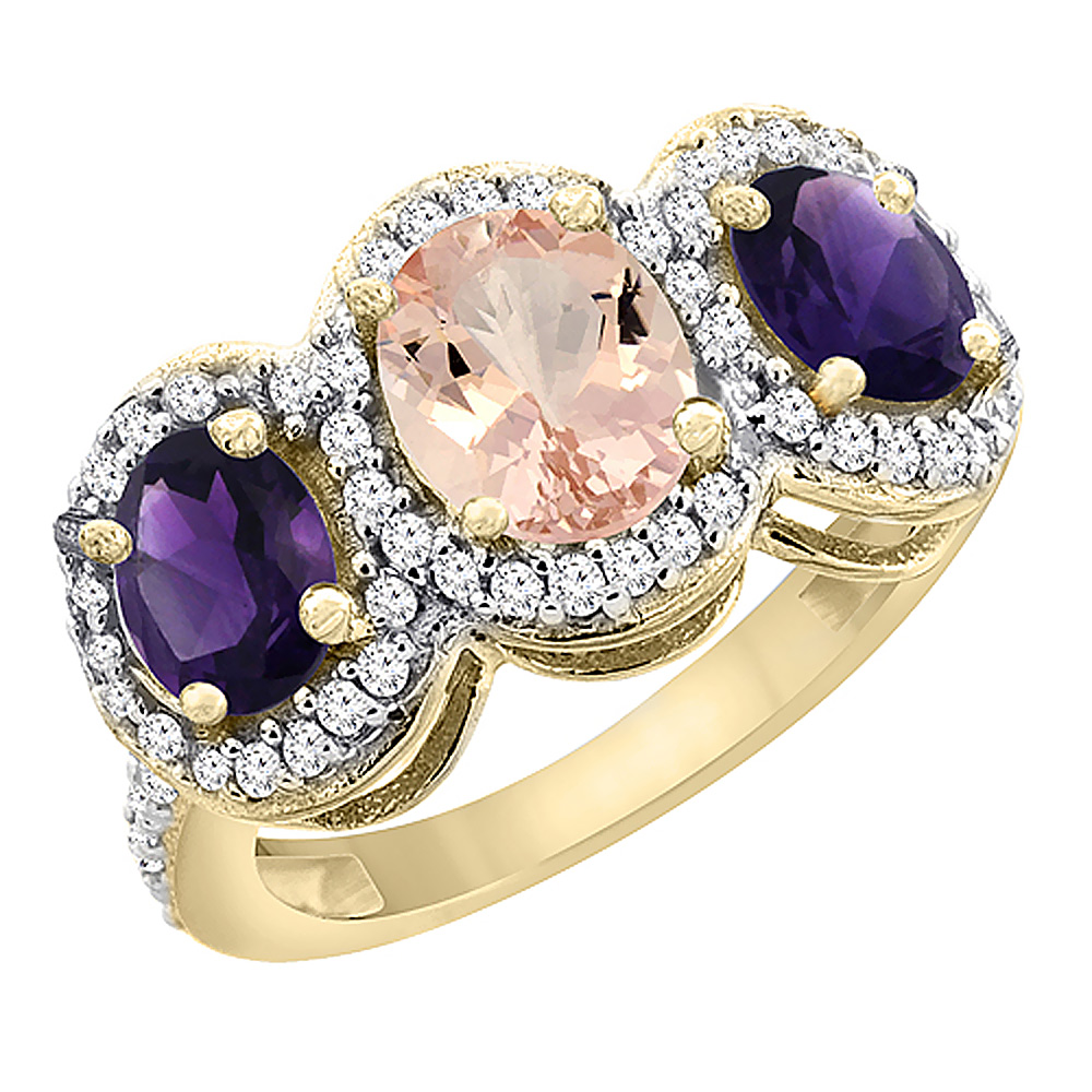 14K Yellow Gold Natural Morganite &amp; Amethyst 3-Stone Ring Oval Diamond Accent, sizes 5 - 10