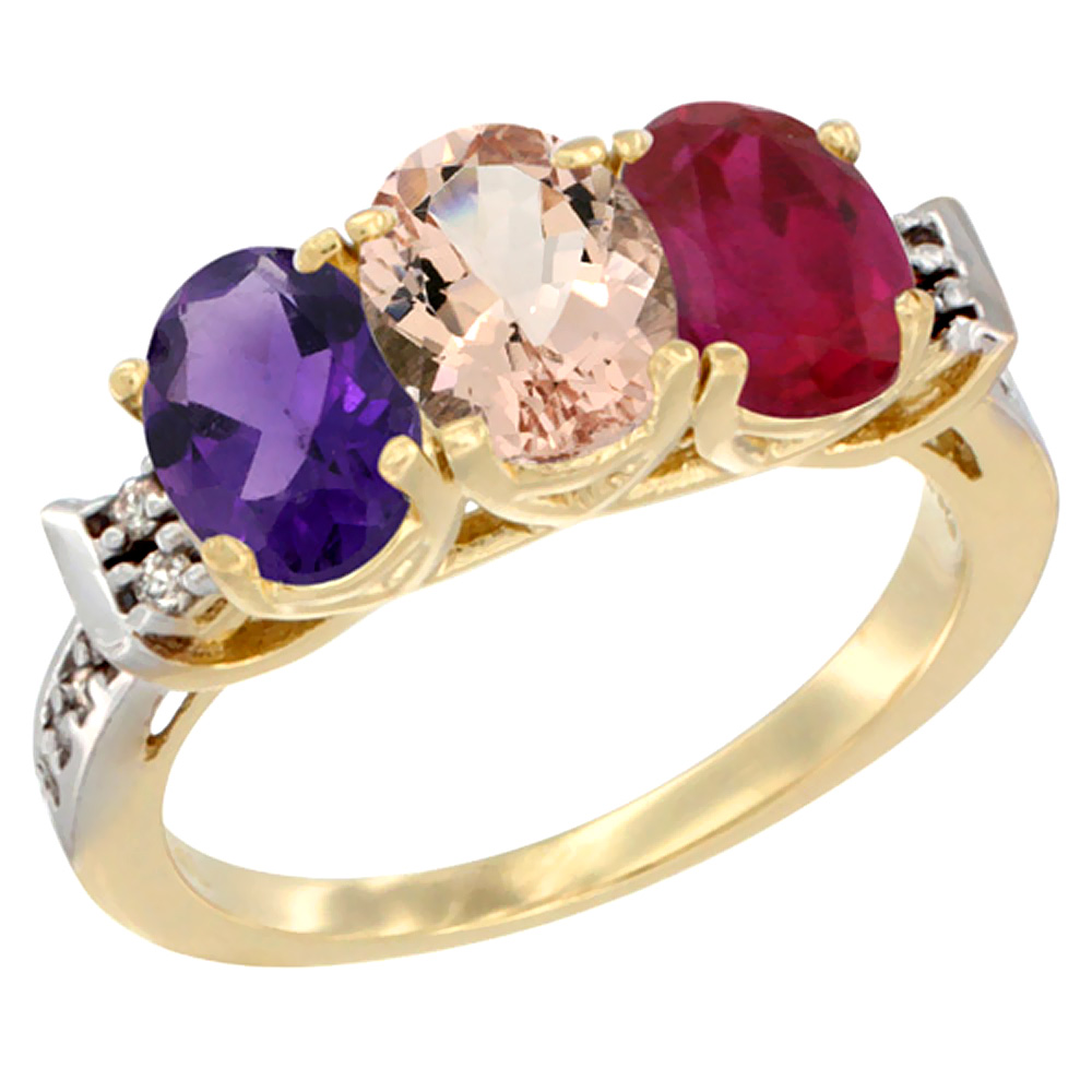 10K Yellow Gold Natural Amethyst, Morganite &amp; Enhanced Ruby Ring 3-Stone Oval 7x5 mm Diamond Accent, sizes 5 - 10