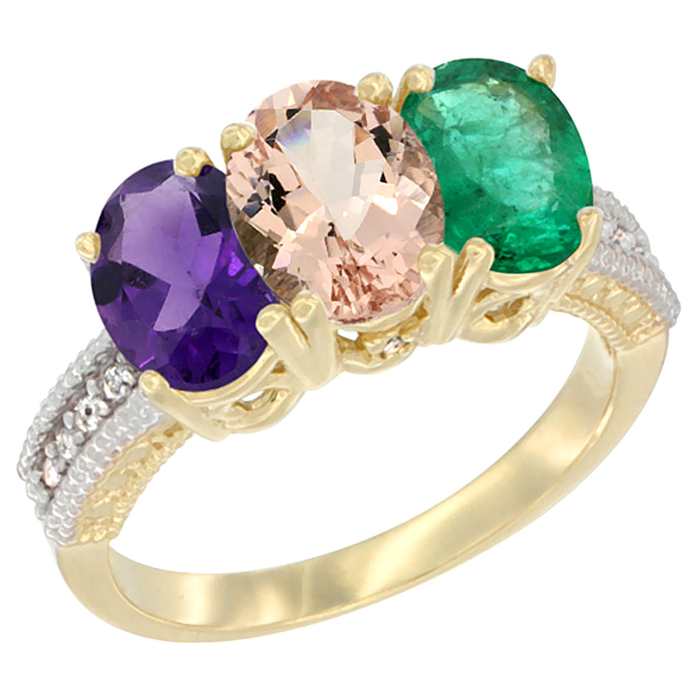 14K Yellow Gold Natural Amethyst, Morganite & Emerald Ring 3-Stone 7x5 mm Oval Diamond Accent, sizes 5 - 10