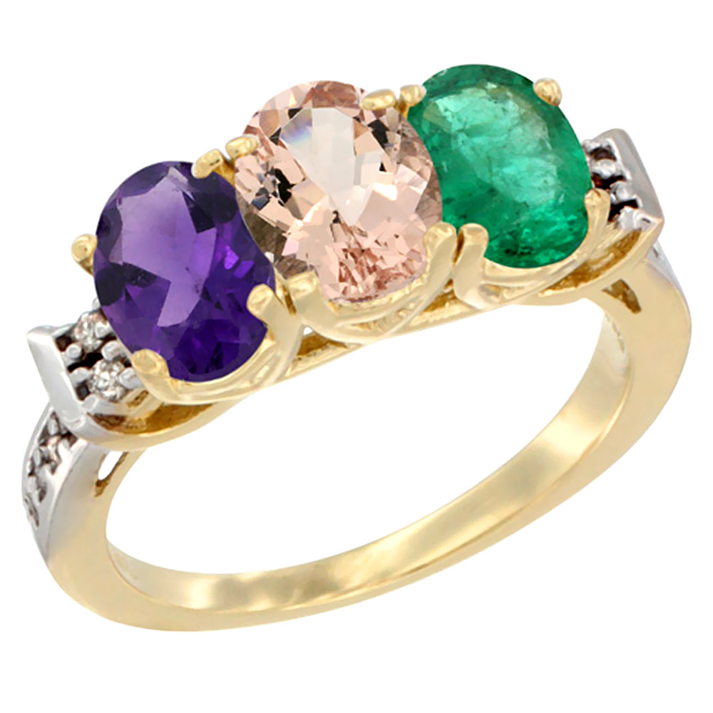 14K Yellow Gold Natural Amethyst, Morganite & Emerald Ring 3-Stone 7x5 mm Oval Diamond Accent, sizes 5 - 10