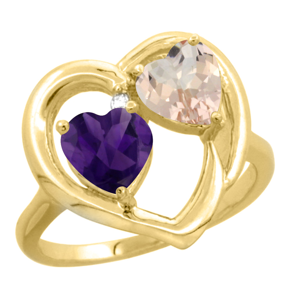 10K Yellow Gold Diamond Two-stone Heart Ring 6mm Natural Amethyst &amp; Morganite, sizes 5-10
