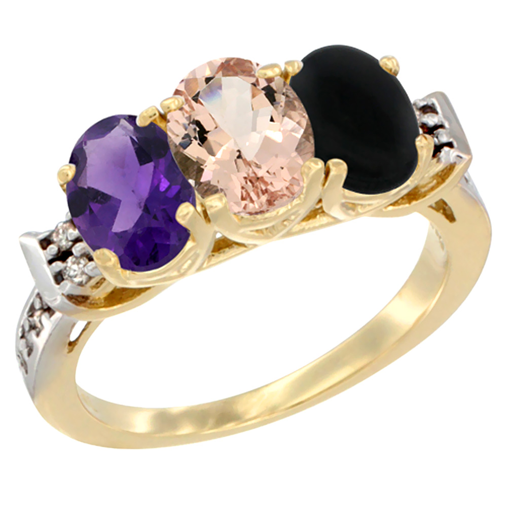 14K Yellow Gold Natural Amethyst, Morganite &amp; Black Onyx Ring 3-Stone 7x5 mm Oval Diamond Accent, sizes 5 - 10