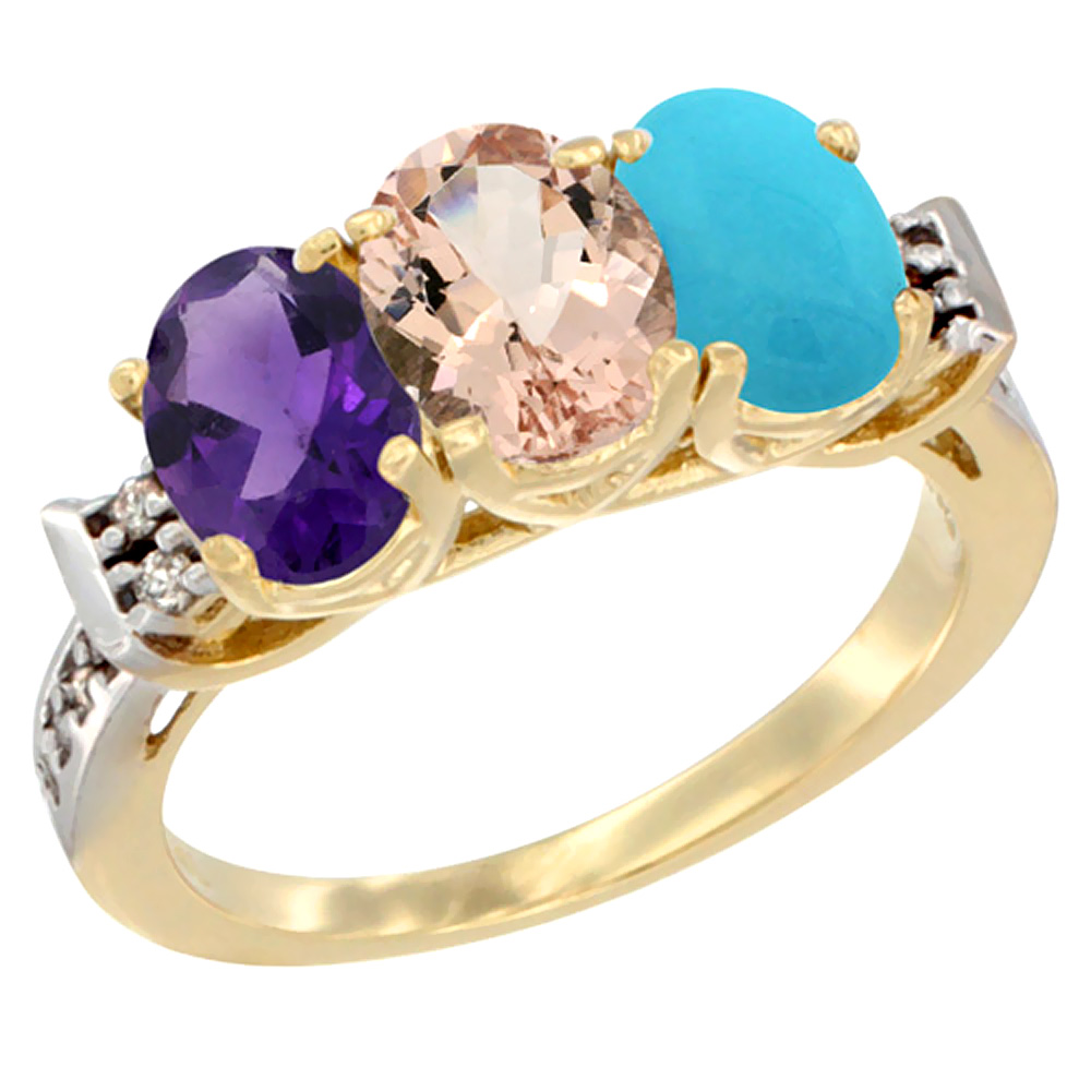 14K Yellow Gold Natural Amethyst, Morganite & Turquoise Ring 3-Stone 7x5 mm Oval Diamond Accent, sizes 5 - 10