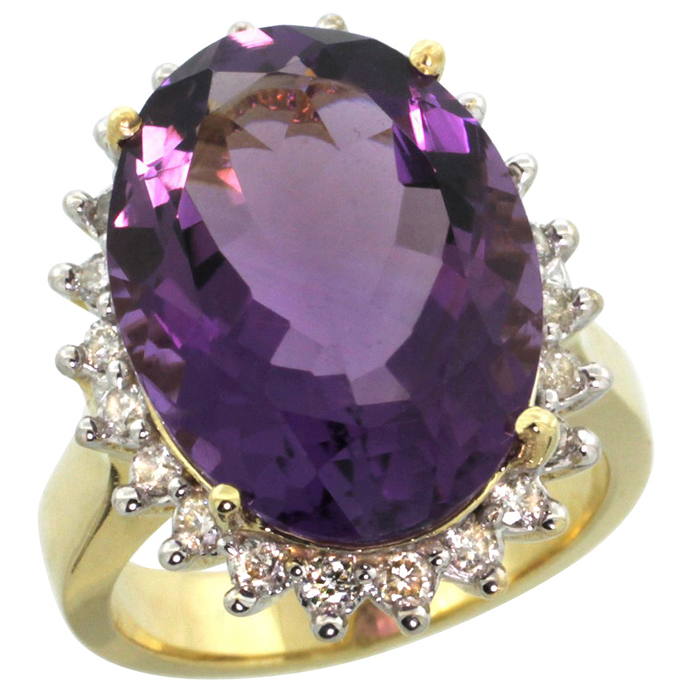 10k Yellow Gold Diamond Halo Natural Amethyst Ring Large Oval 18x13mm, sizes 5-10