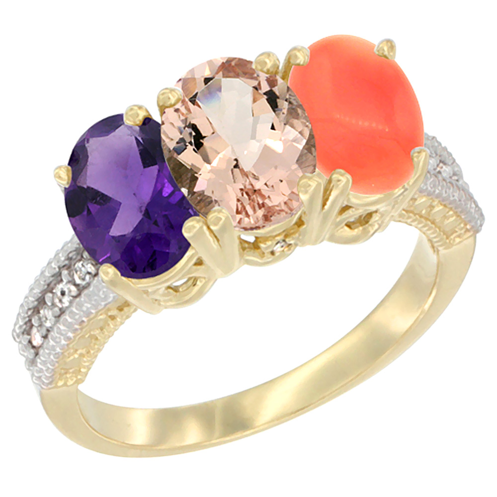 14K Yellow Gold Natural Amethyst, Morganite & Coral Ring 3-Stone 7x5 mm Oval Diamond Accent, sizes 5 - 10
