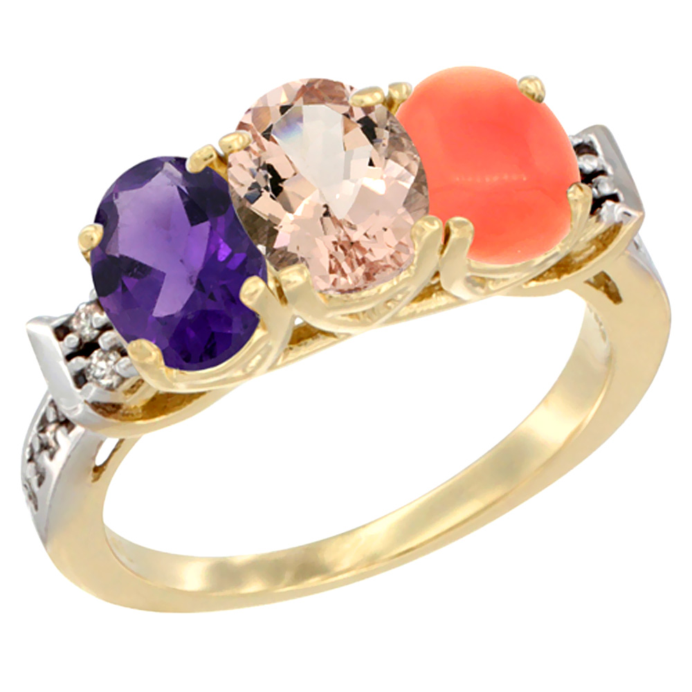 10K Yellow Gold Natural Amethyst, Morganite &amp; Coral Ring 3-Stone Oval 7x5 mm Diamond Accent, sizes 5 - 10