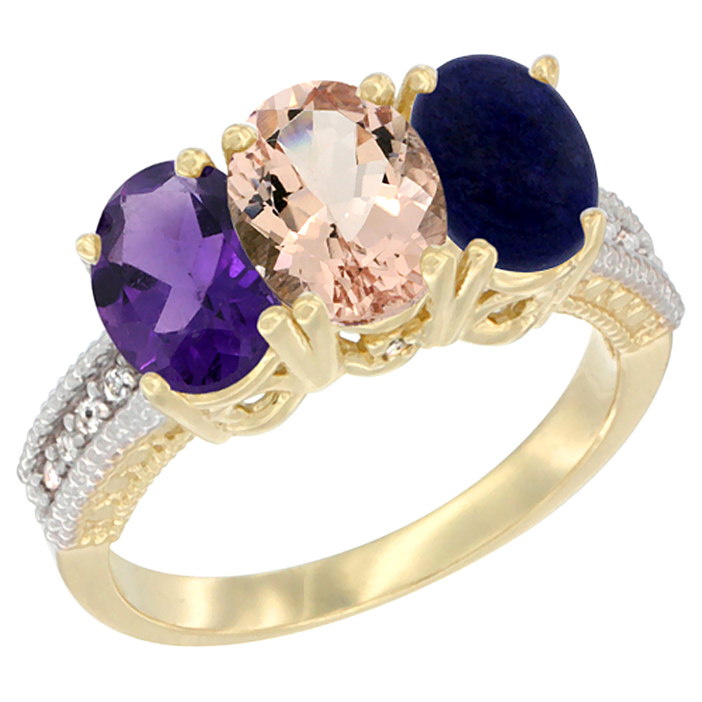 14K Yellow Gold Natural Amethyst, Morganite &amp; Lapis Ring 3-Stone 7x5 mm Oval Diamond Accent, sizes 5 - 10