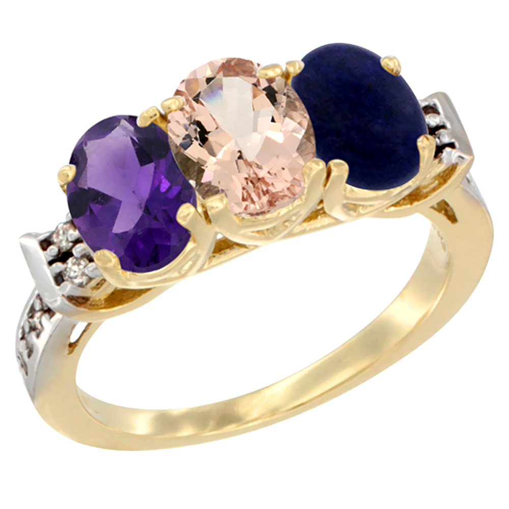 14K Yellow Gold Natural Amethyst, Morganite & Lapis Ring 3-Stone 7x5 mm Oval Diamond Accent, sizes 5 - 10