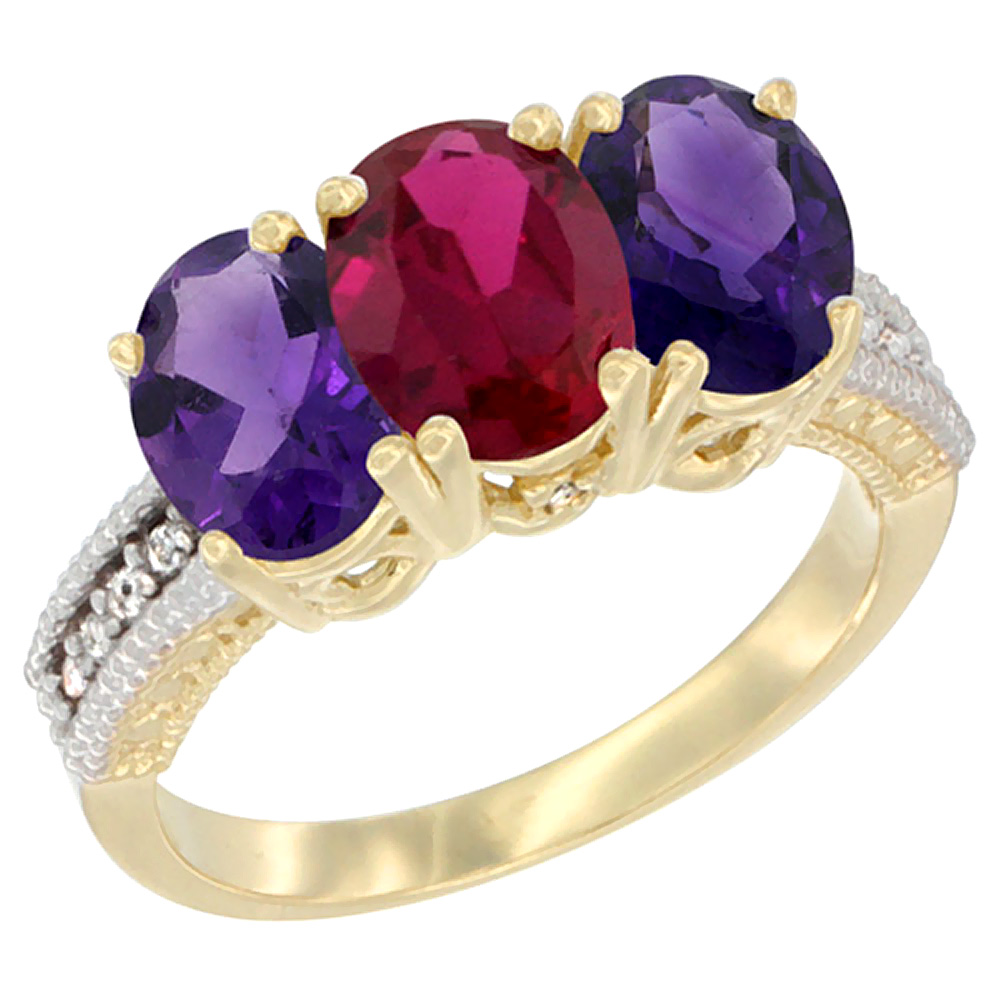 10K Yellow Gold Diamond Enhanced Ruby & Natural Amethyst Ring Oval 3-Stone 7x5 mm,sizes 5-10