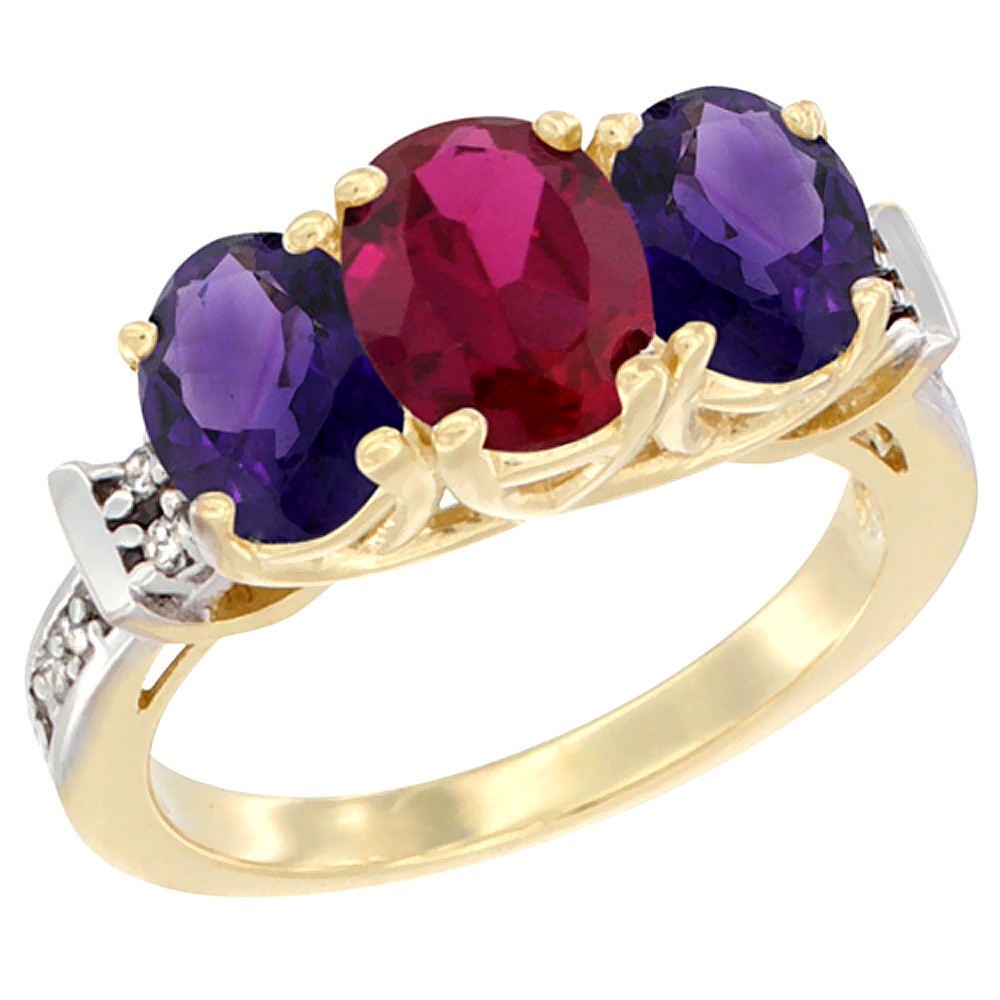 10K Yellow Gold Enhanced Ruby & Amethyst Sides Ring 3-Stone Oval Diamond Accent, sizes 5 - 10