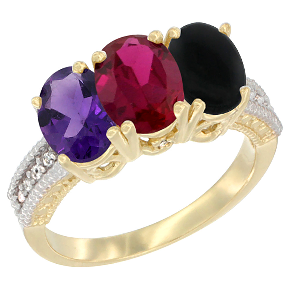 14K Yellow Gold Natural Amethyst, Enhanced Ruby & Natural Black Onyx Ring 3-Stone 7x5 mm Oval Diamond Accent, sizes 5 - 10
