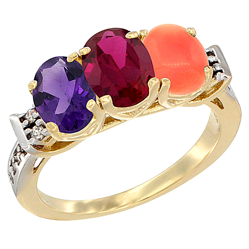 14K Yellow Gold Natural Amethyst, Enhanced Ruby &amp; Natural Coral Ring 3-Stone 7x5 mm Oval Diamond Accent, sizes 5 - 10