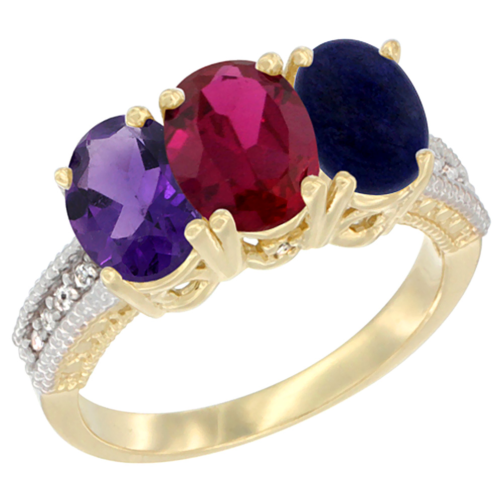 14K Yellow Gold Natural Amethyst, Enhanced Ruby &amp; Natural Lapis Ring 3-Stone 7x5 mm Oval Diamond Accent, sizes 5 - 10