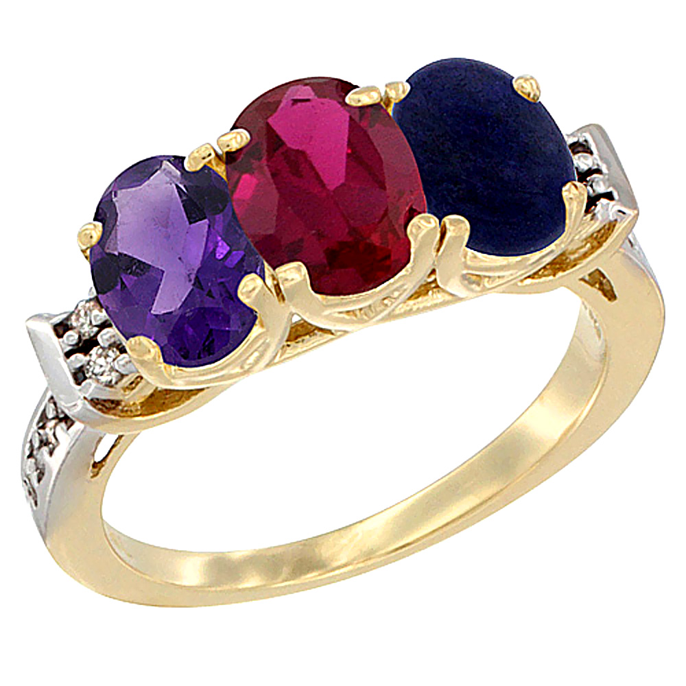 14K Yellow Gold Natural Amethyst, Enhanced Ruby & Natural Lapis Ring 3-Stone 7x5 mm Oval Diamond Accent, sizes 5 - 10
