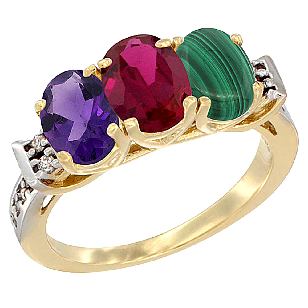14K Yellow Gold Natural Amethyst, Enhanced Ruby & Natural Malachite Ring 3-Stone 7x5 mm Oval Diamond Accent, sizes 5 - 10