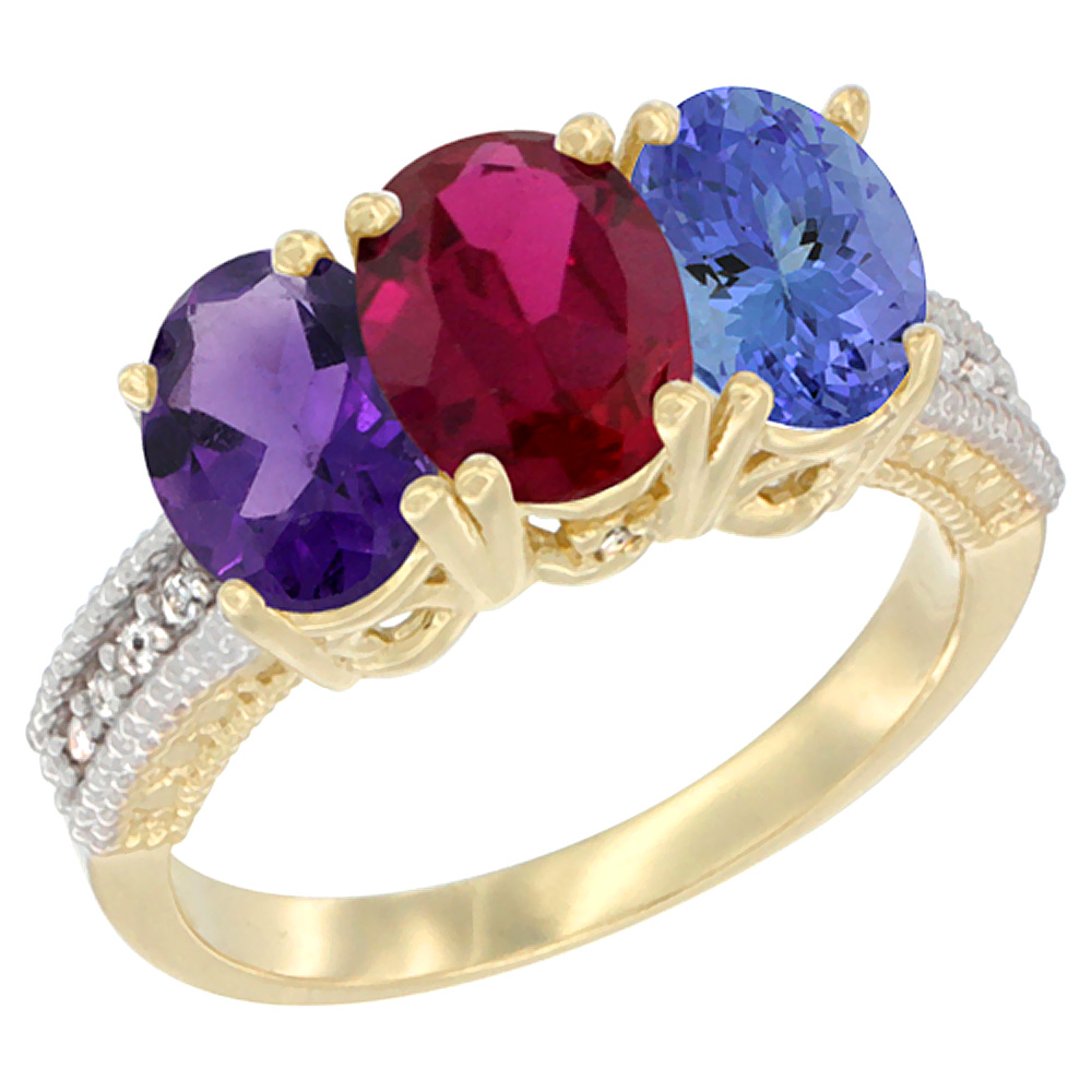 14K Yellow Gold Natural Amethyst, Enhanced Ruby & Natural Tanzanite Ring 3-Stone 7x5 mm Oval Diamond Accent, sizes 5 - 10