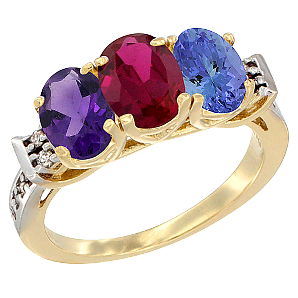 14K Yellow Gold Natural Amethyst, Enhanced Ruby &amp; Natural Tanzanite Ring 3-Stone 7x5 mm Oval Diamond Accent, sizes 5 - 10