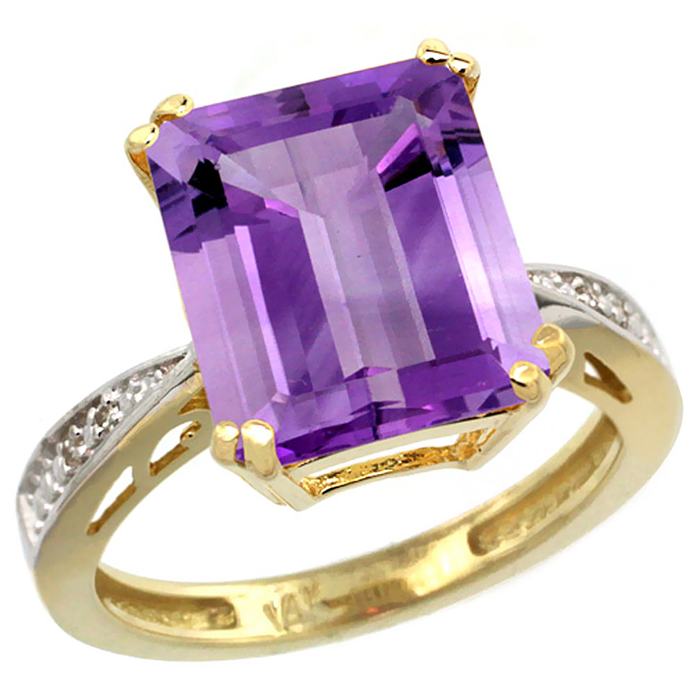 14K Yellow Gold Natural Diamond Amethyst Ring Emerald-cut 12x10mm, sizes 5-10