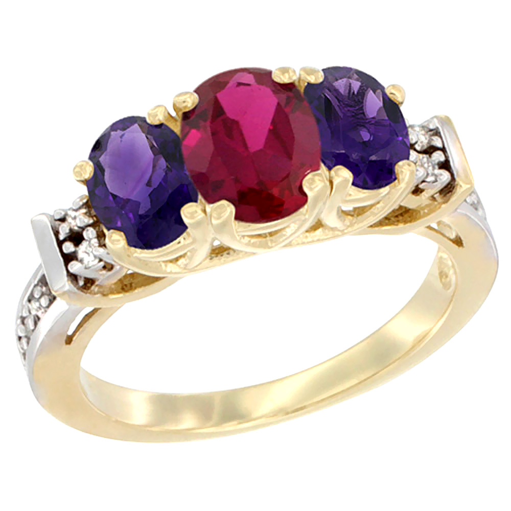 14K Yellow Gold Natural High Quality Ruby &amp; Amethyst Ring 3-Stone Oval Diamond Accent