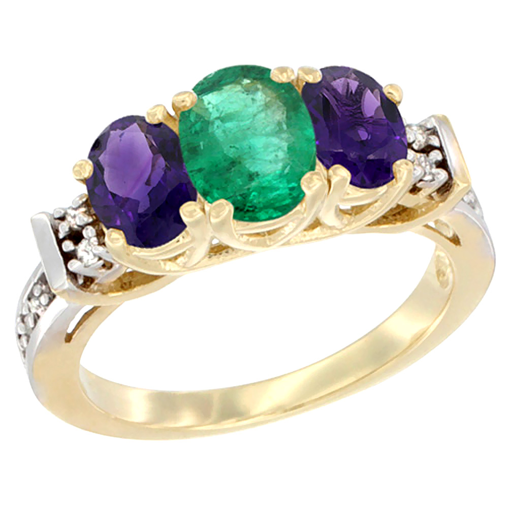 10K Yellow Gold Natural Emerald &amp; Amethyst Ring 3-Stone Oval Diamond Accent