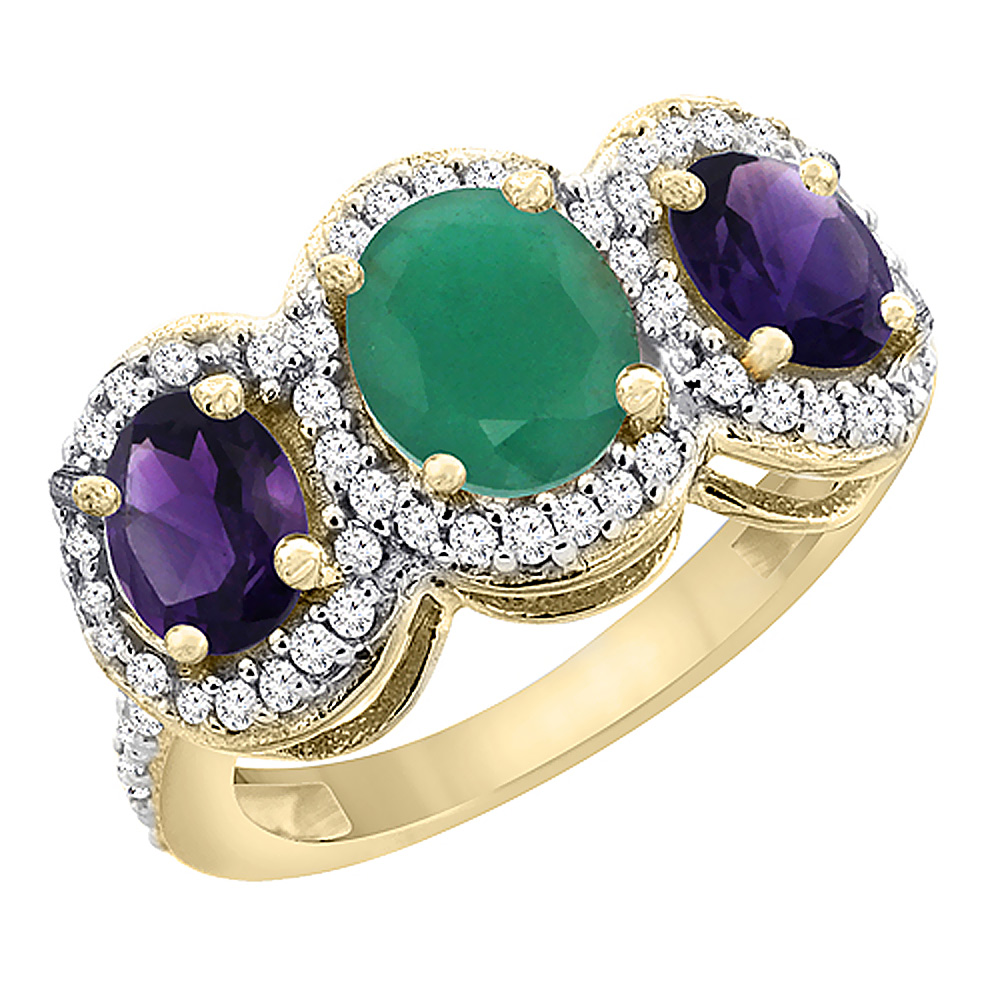 14K Yellow Gold Natural Emerald & Amethyst 3-Stone Ring Oval Diamond Accent, sizes 5 - 10